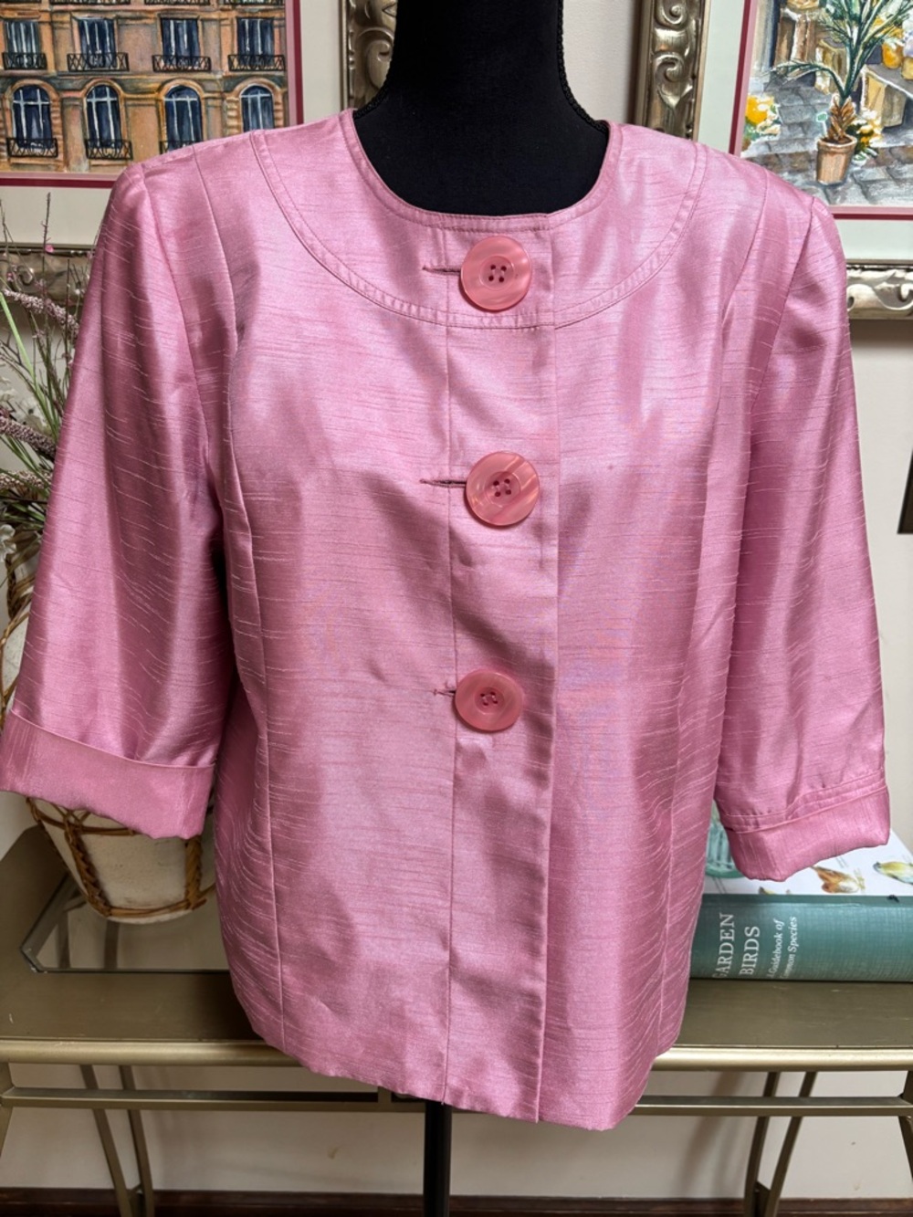 dressbarn Pink Shimmer Cropped Tailored Jacket Silk Look Elegant Blazer Size L